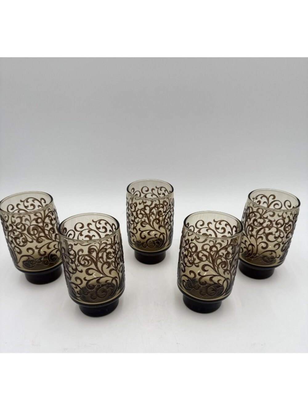 Vintage 1970's Libbey Brown Scroll Pedistal Tumblers Glasses in a Set of 5 Retro